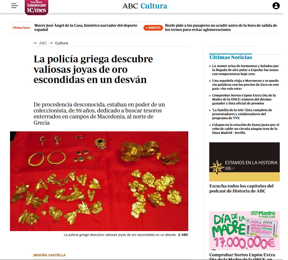 La policía griega descubre valiosas joyas de oro escondidas en un desván